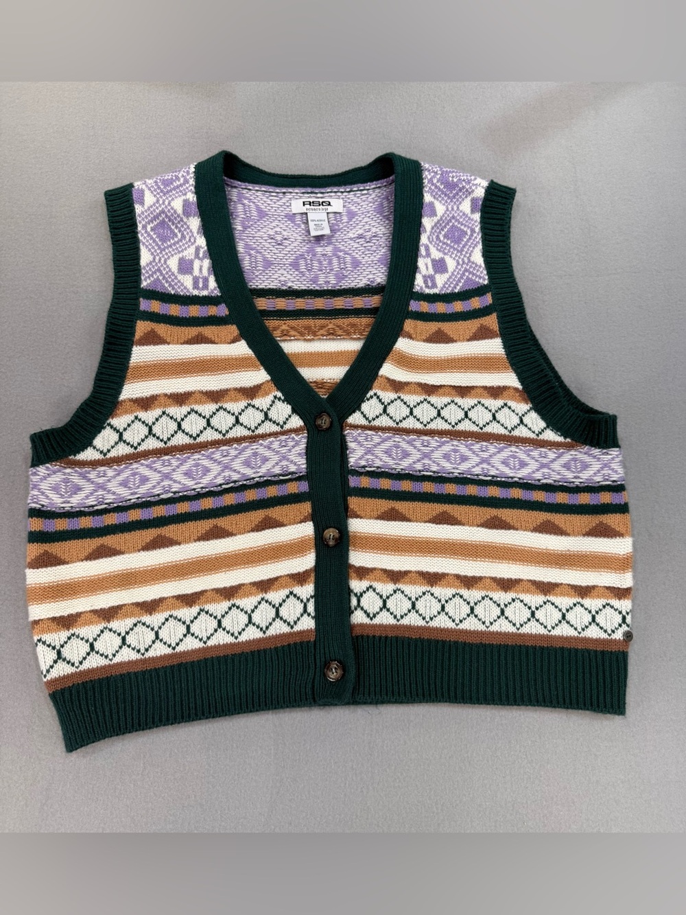 RSQ Sleeveless Patterned Knit Vest in Lavender, Brown & Green